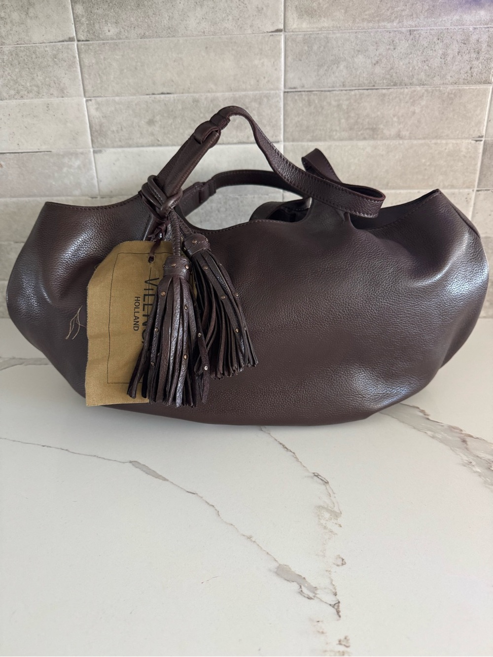 VILENCA Holland Leather Dark Brown Tasseled Hobo/Tote Bag in Dark Brown